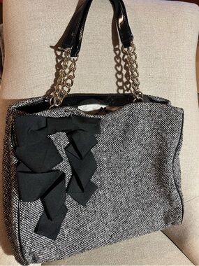 Kate Spade Tweed Gray Black Patent Leather Chain Link Shoulder Tote